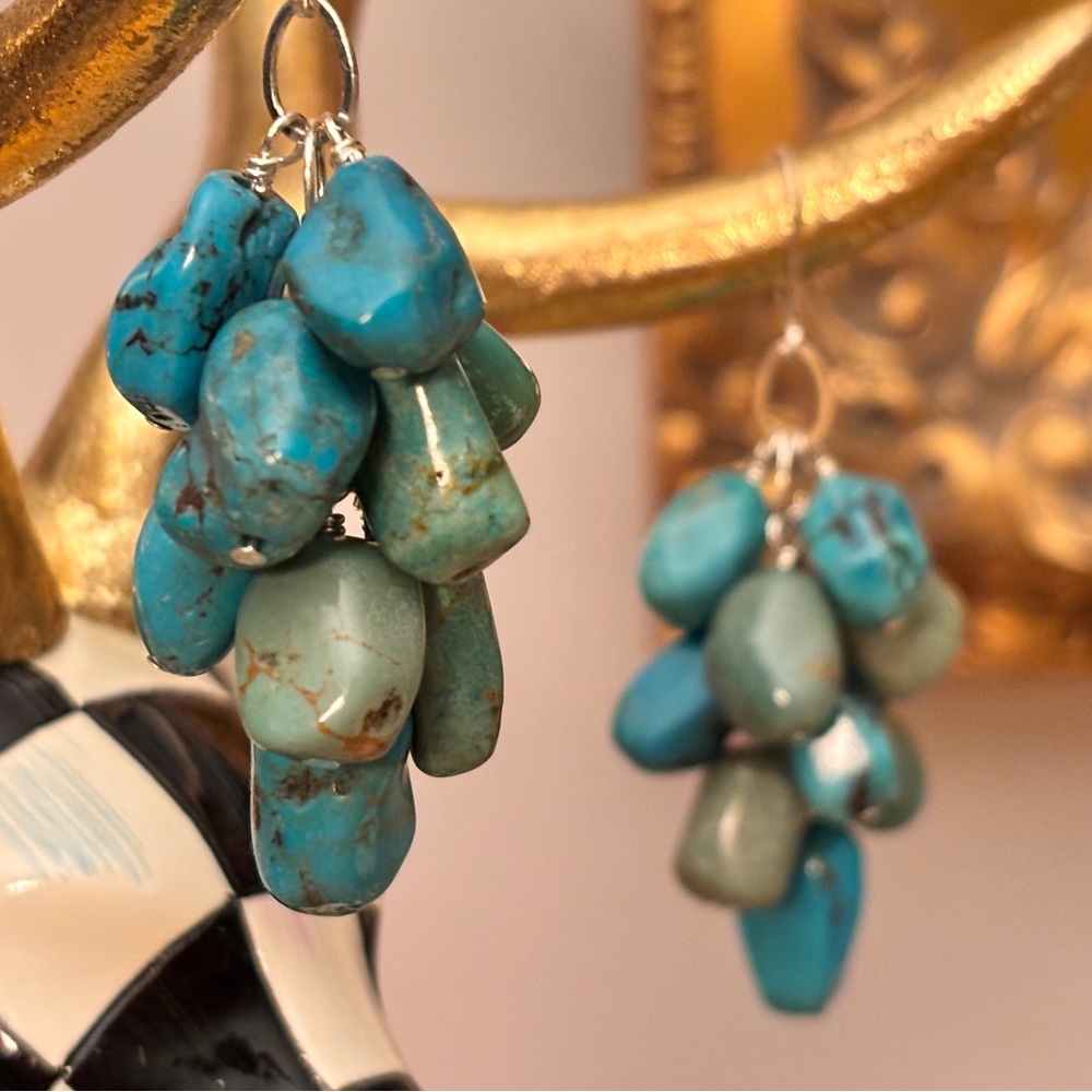 Genuine Turquoise Multi Nugget Cluster Drop & Sterling Silver Earrings